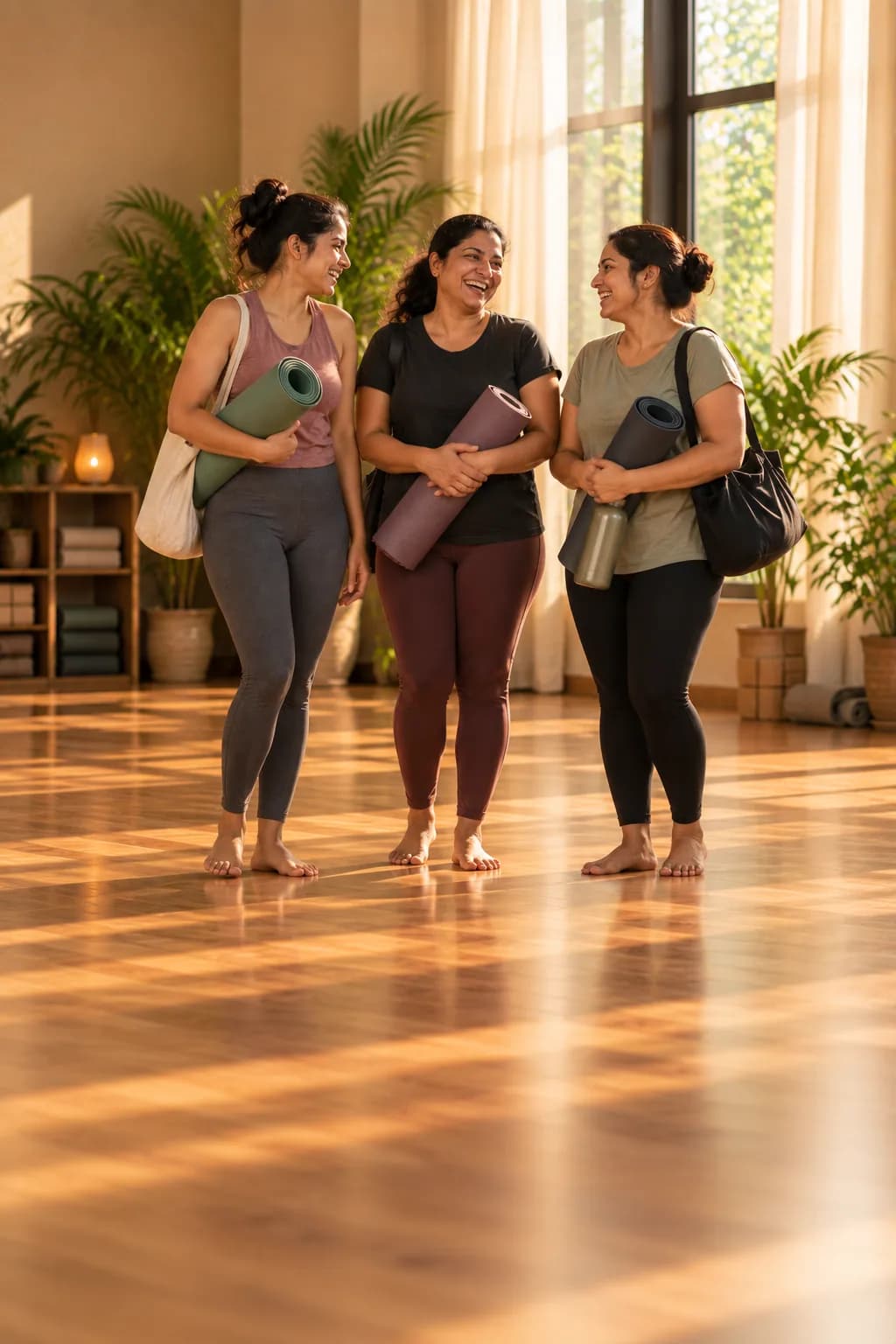 Wide shot — three students after a live session, candid, grouped on the RIGHT of frame, soft light filling the left third