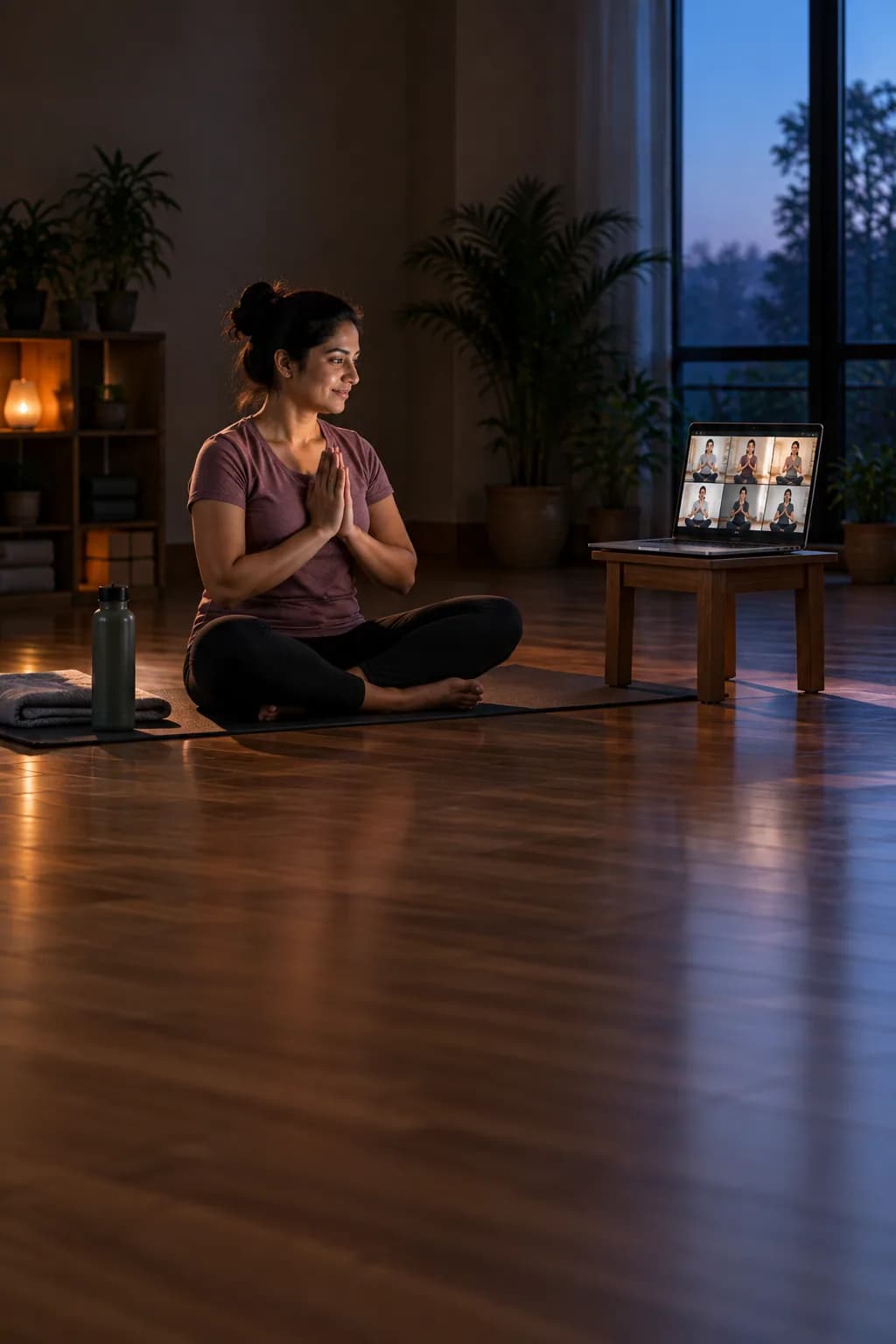 Wide shot — a 6 AM batch on screen, laptop and student on the RIGHT of frame, dim room to the left