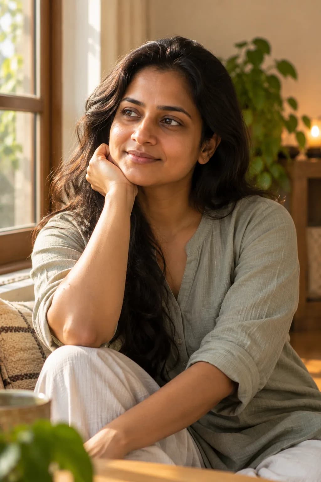 Swathi — seated, calm, soft window light
