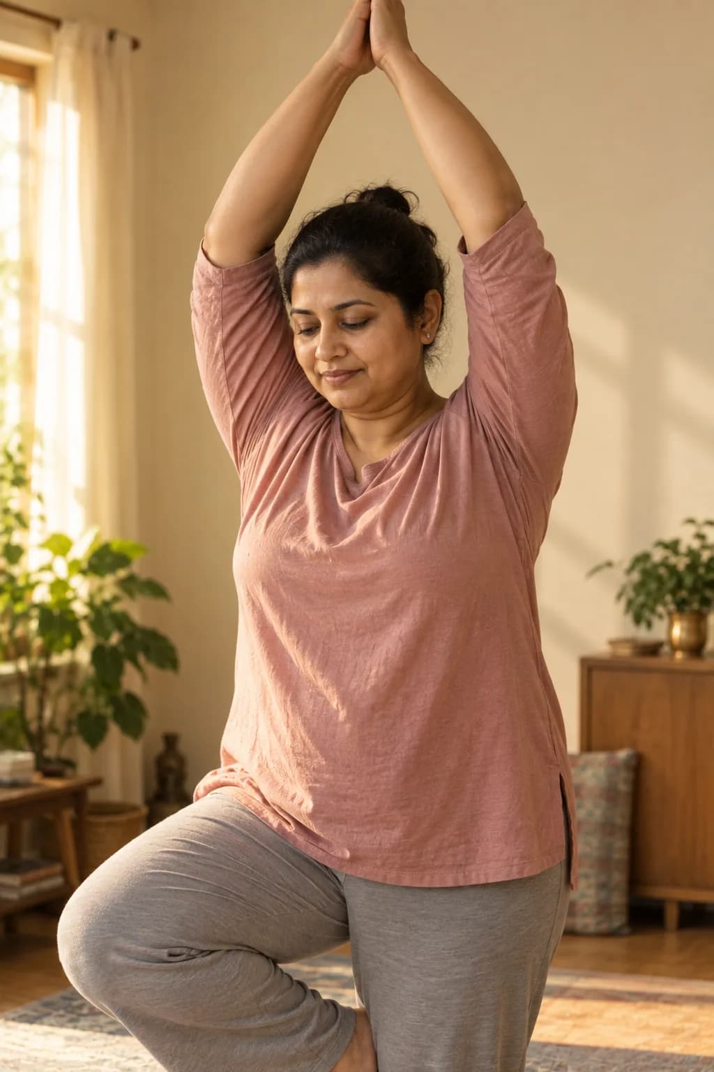 Radhika — mid-practice, gentle posture