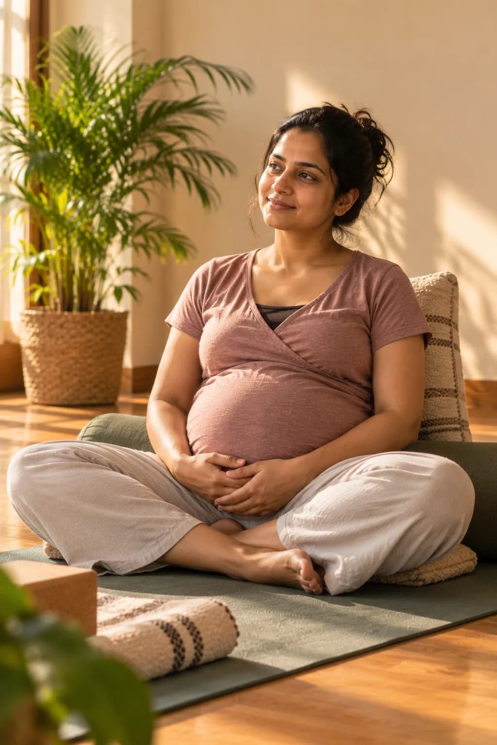 Anjali — pregnant, supported seated pose