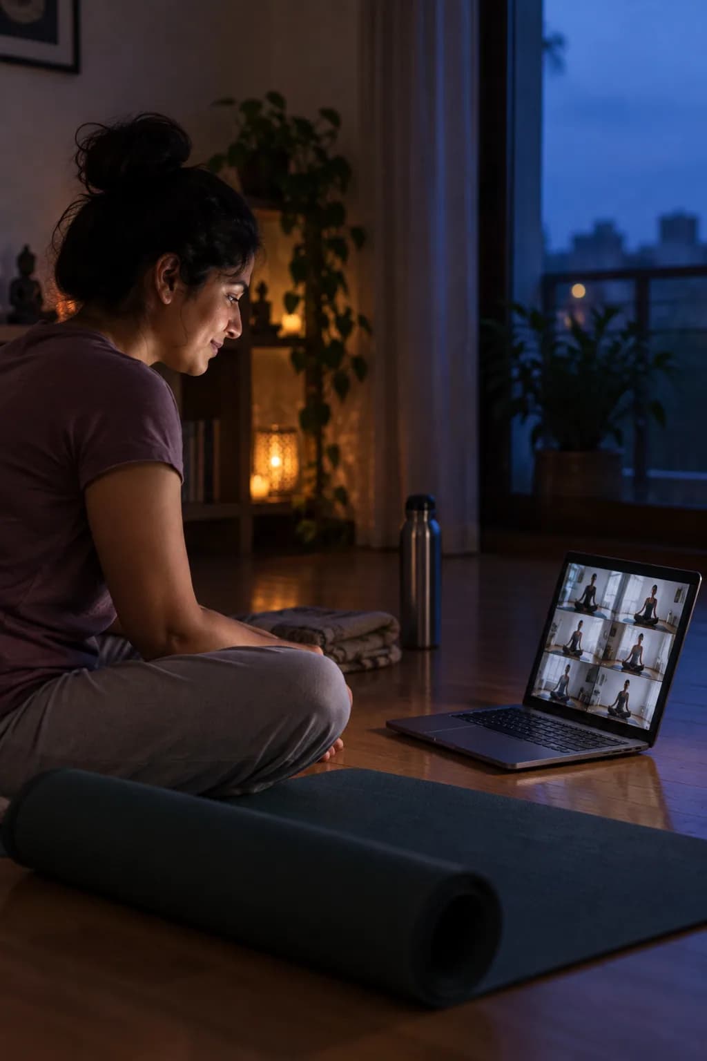 Early morning — a student joining the live class, laptop lit, room still dim