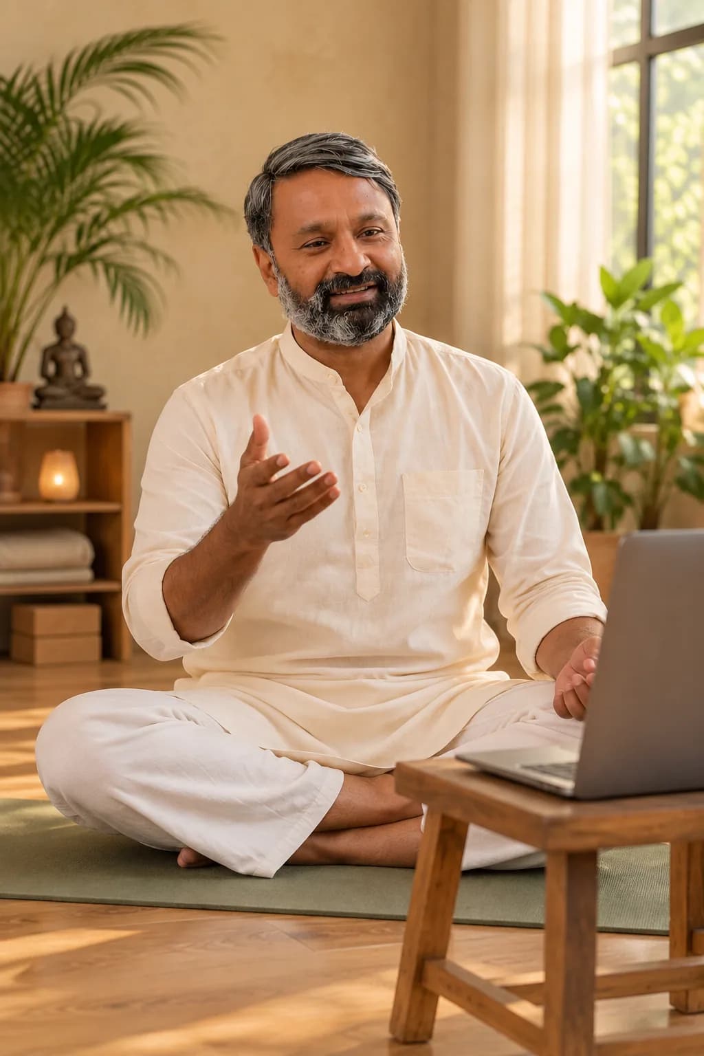 Teacher mid-instruction beside a laptop, subject in the UPPER HALF, bottom third quiet floor for the headline