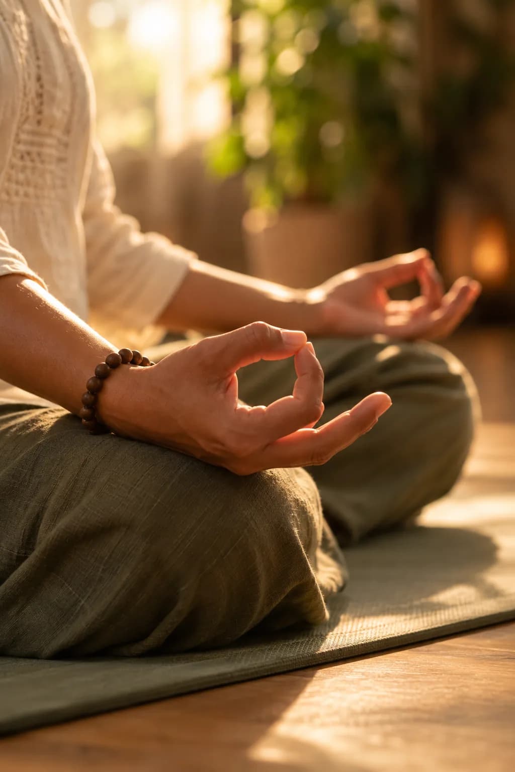 Close detail — hands in a mudra, golden backlight, subject UPPER HALF, dark quiet lower third