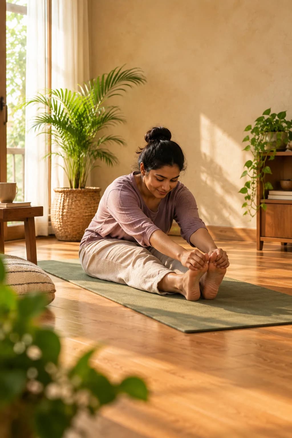 Indian woman, 25–35, practising at home on a mat — real body, real room, calm