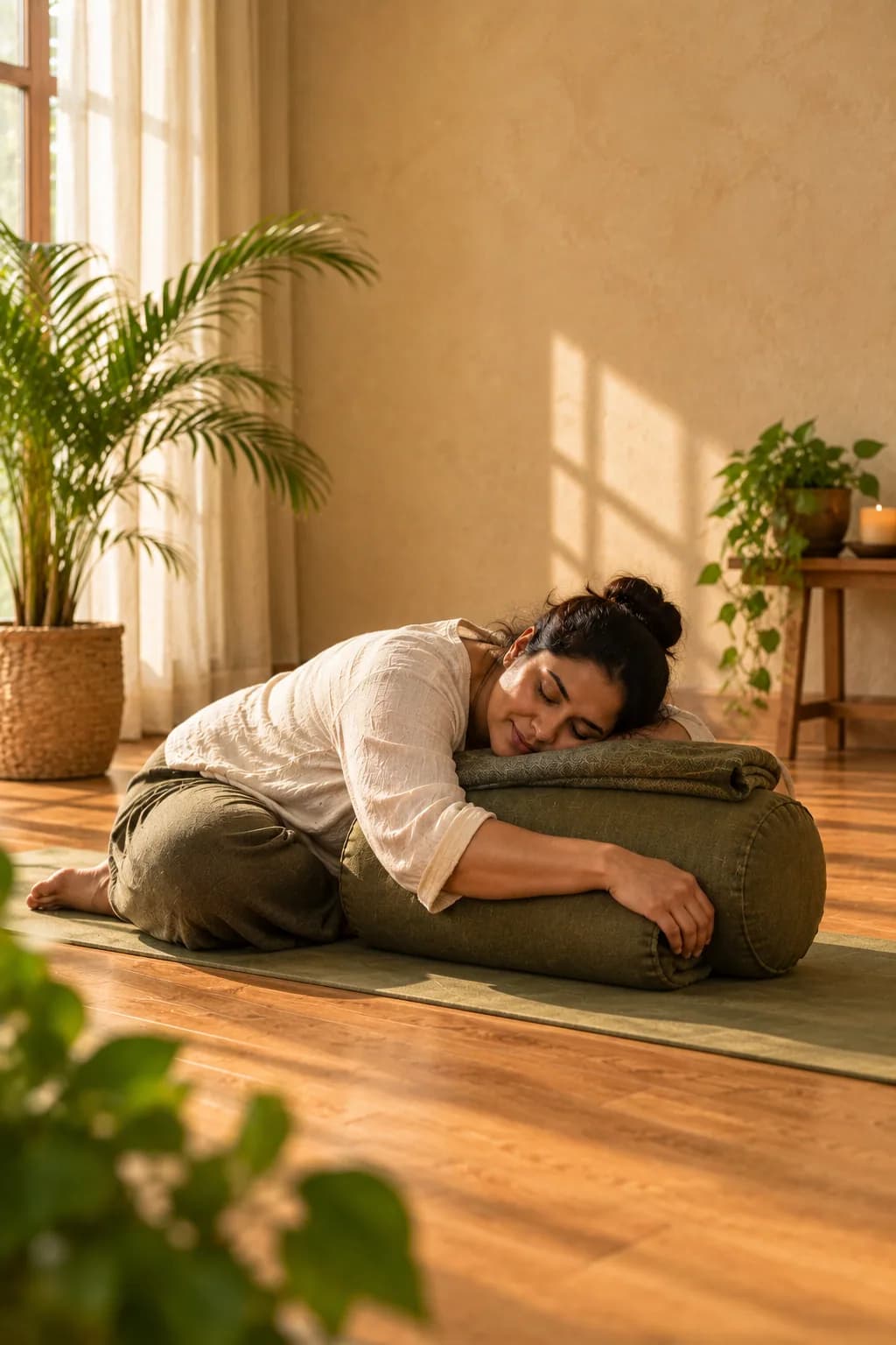 Woman 30–45 in a seated restorative posture, soft morning light