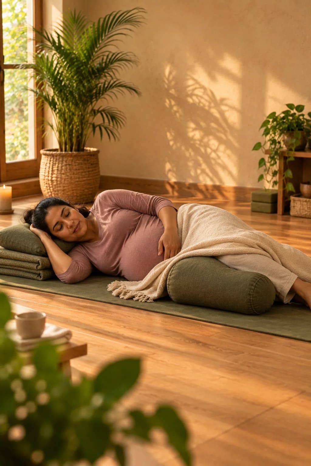 Pregnant woman in a supported side-lying or seated pose, warm and safe