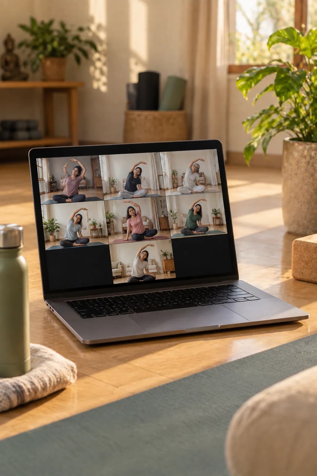 Wide shot of a live online class in session on screen