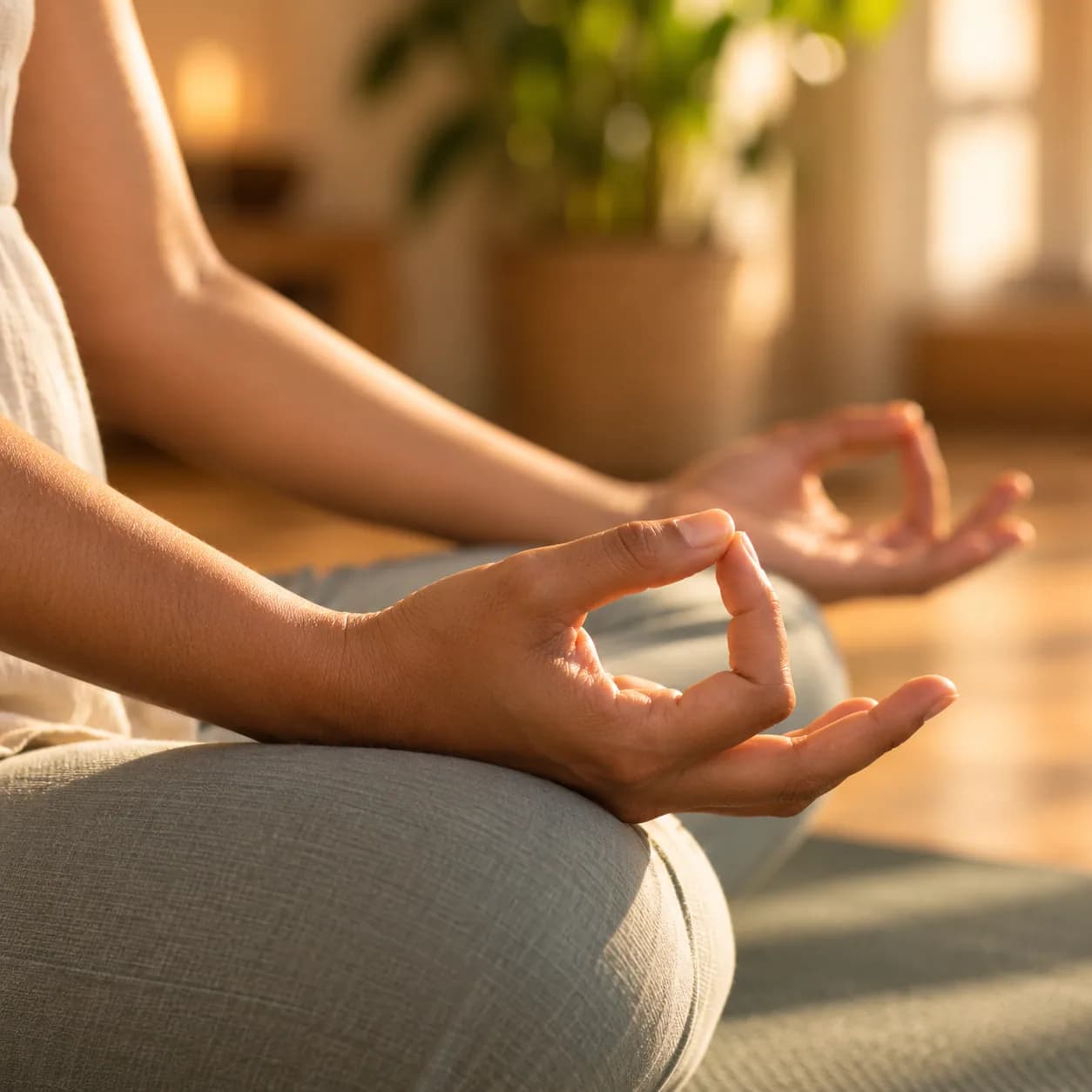 Close detail — hands in a mudra, warm window light