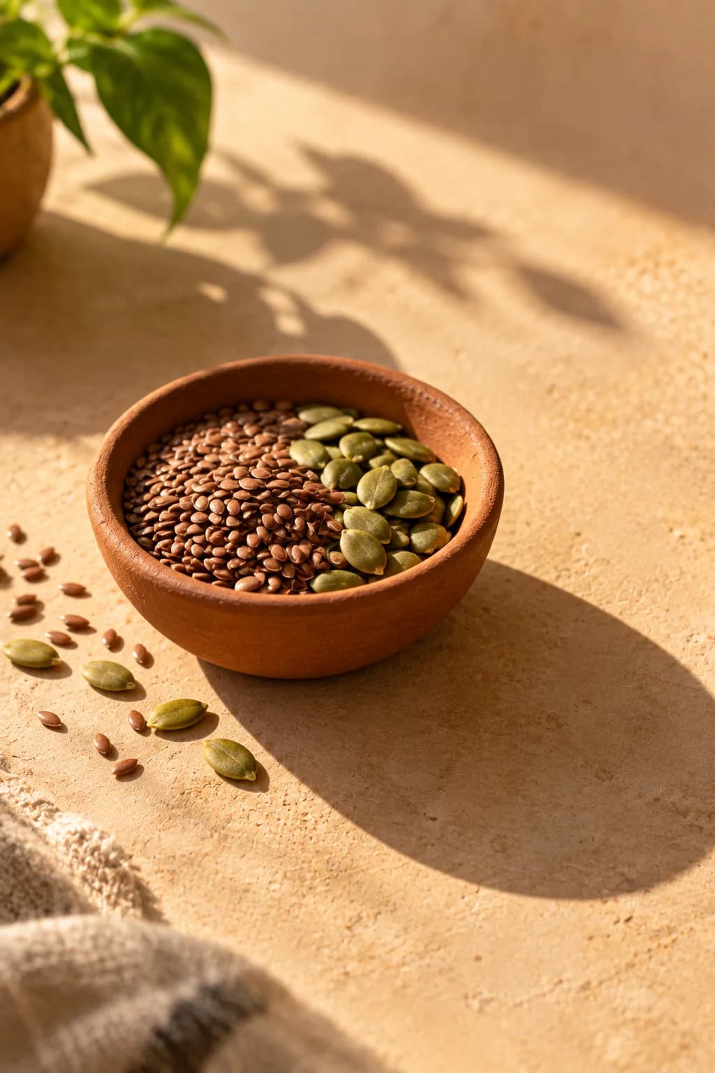 Editorial still life — clay bowl, seeds, soft shadow