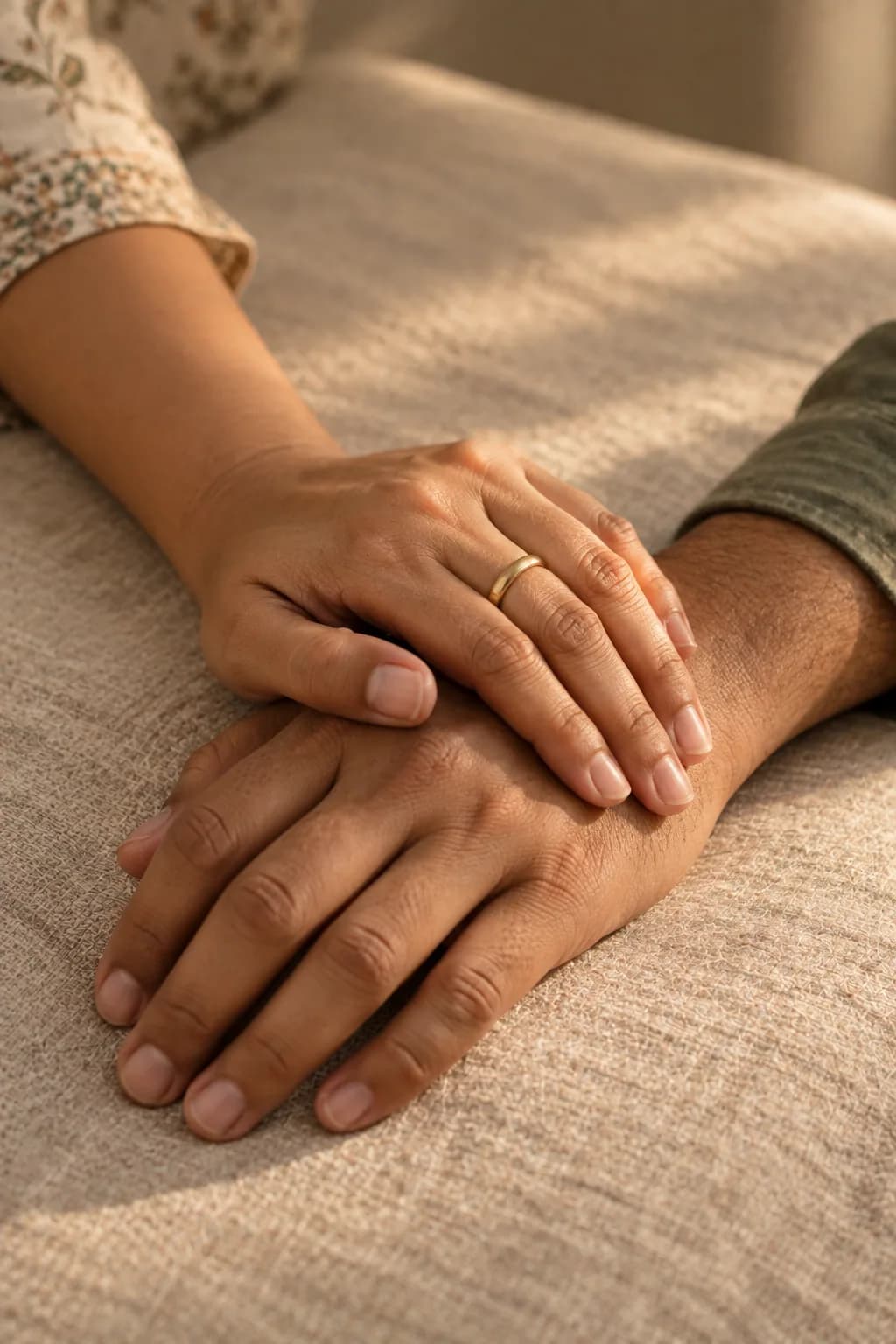 Two hands resting together, warm neutral background