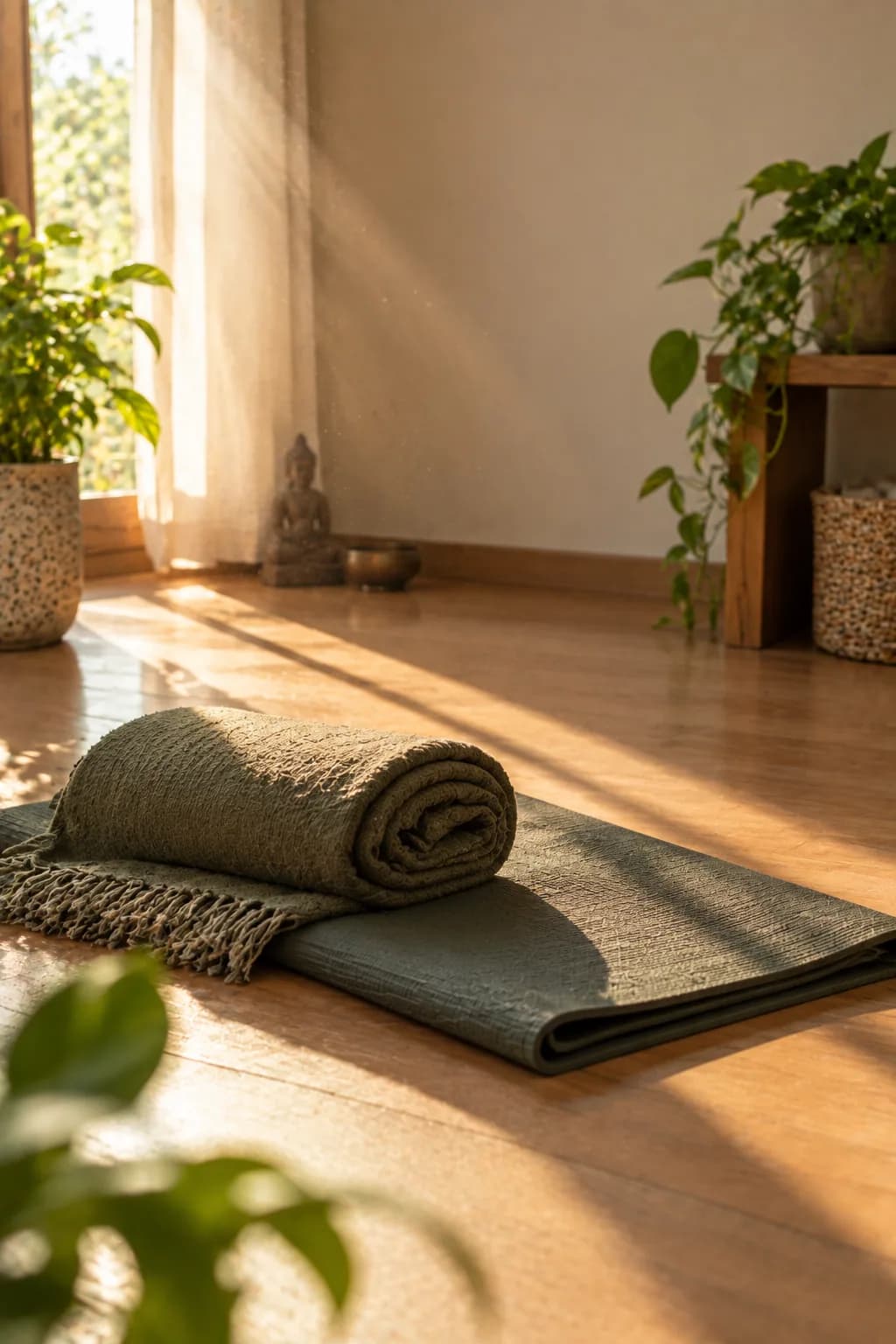 Early morning light across a folded mat