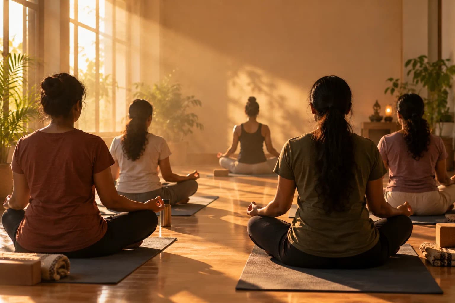 Wide, atmospheric — a class in golden light, shot from behind the group