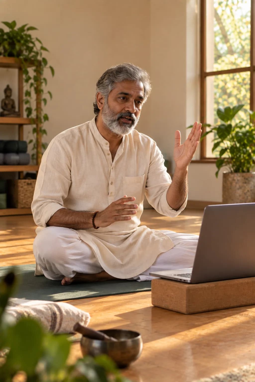 Shailendra Ji mid-instruction, laptop lit by morning window light