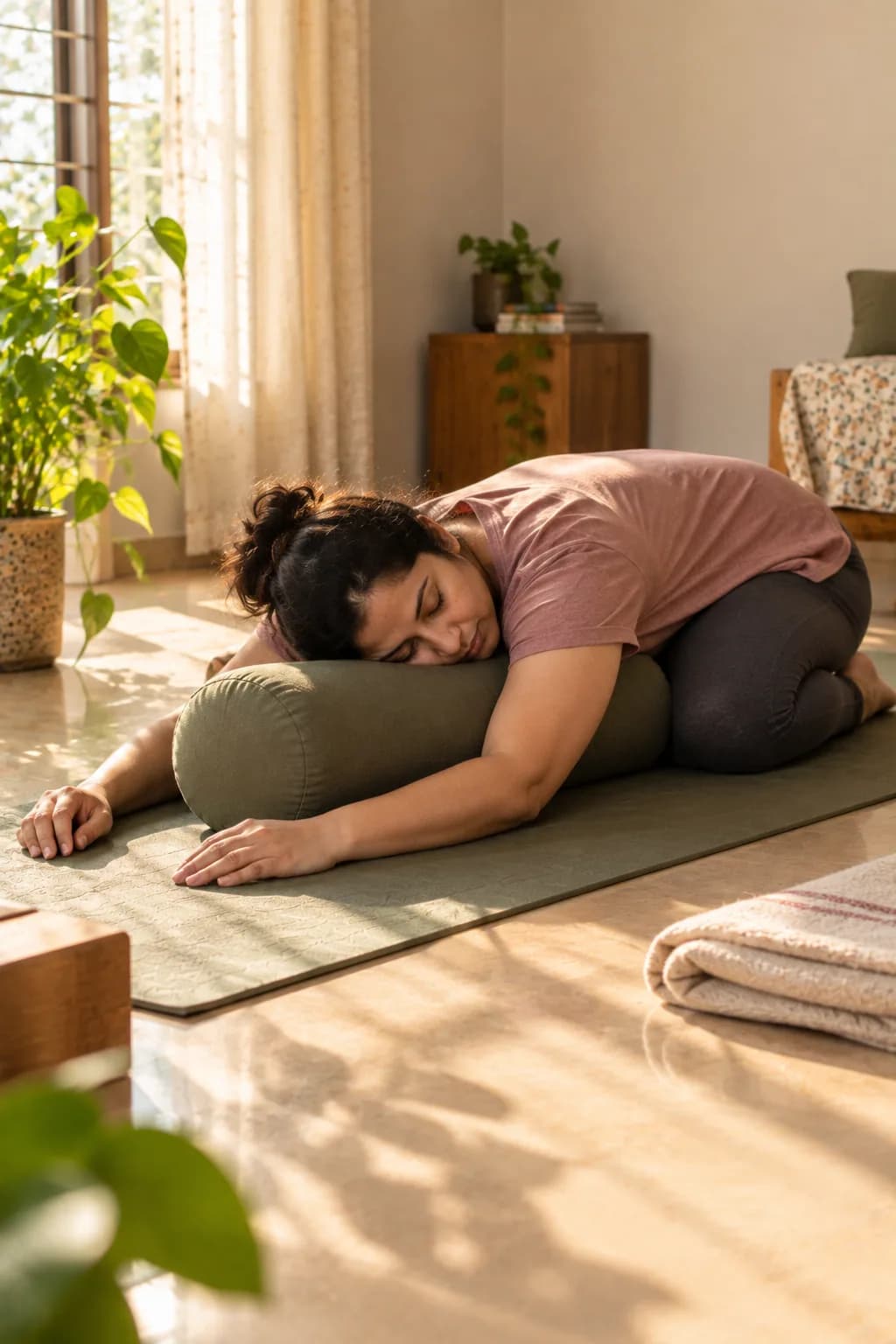 Student in a supported forward fold on a mat at home