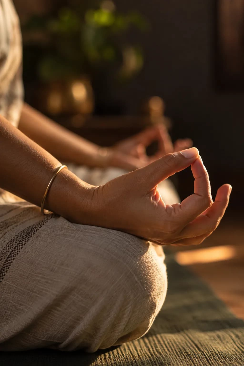 Close detail — hands in a mudra, warm light across the forearm