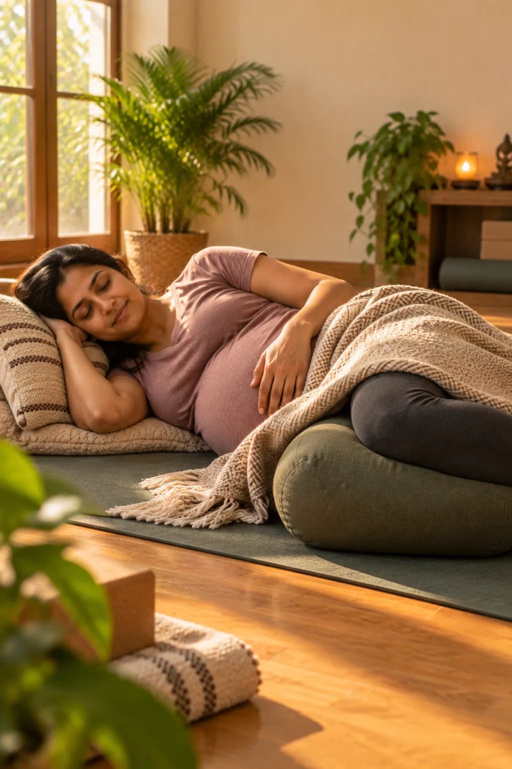 Pregnant student in a supported side-lying pose, bolster visible