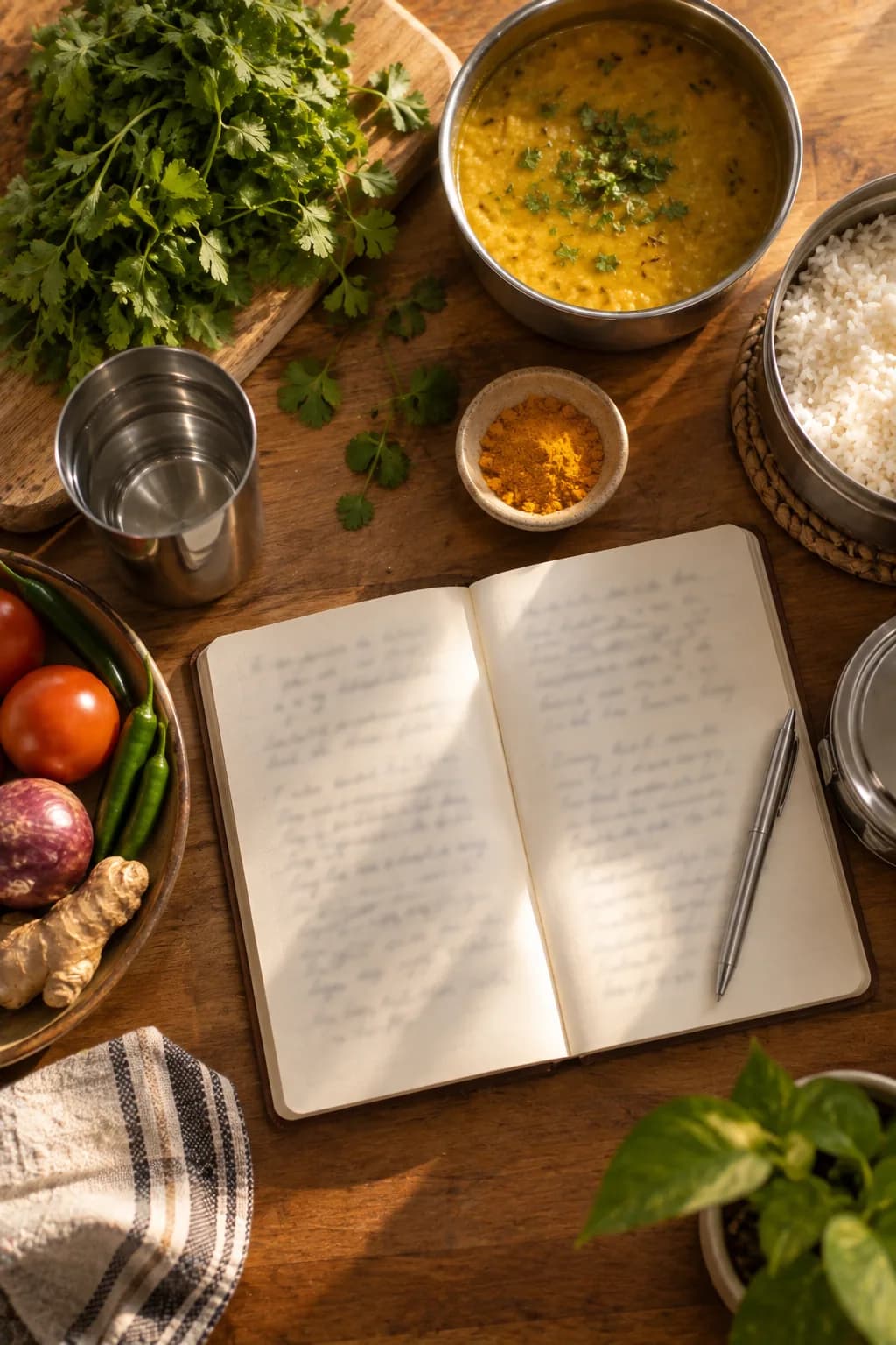 Dietician's plan on paper beside everyday Indian kitchen staples