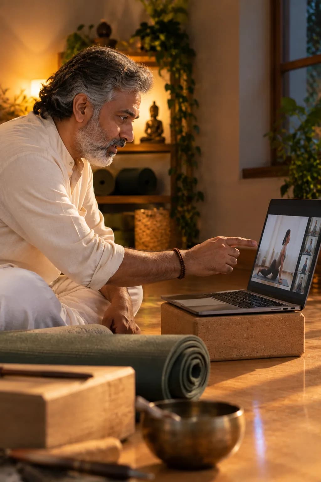 Teacher correcting a posture over video, pointing at the screen