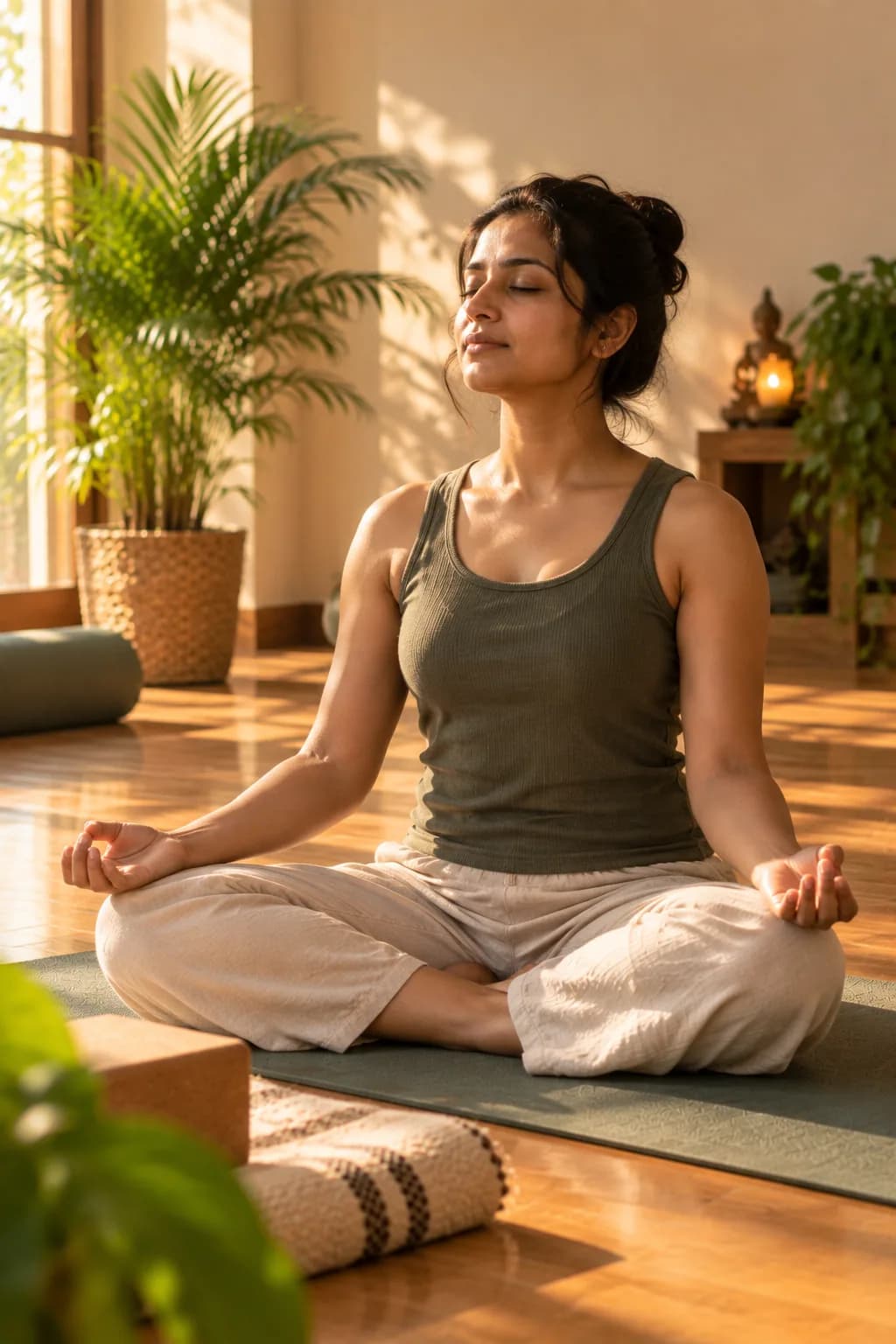 Student mid-pranayama, eyes closed, early light