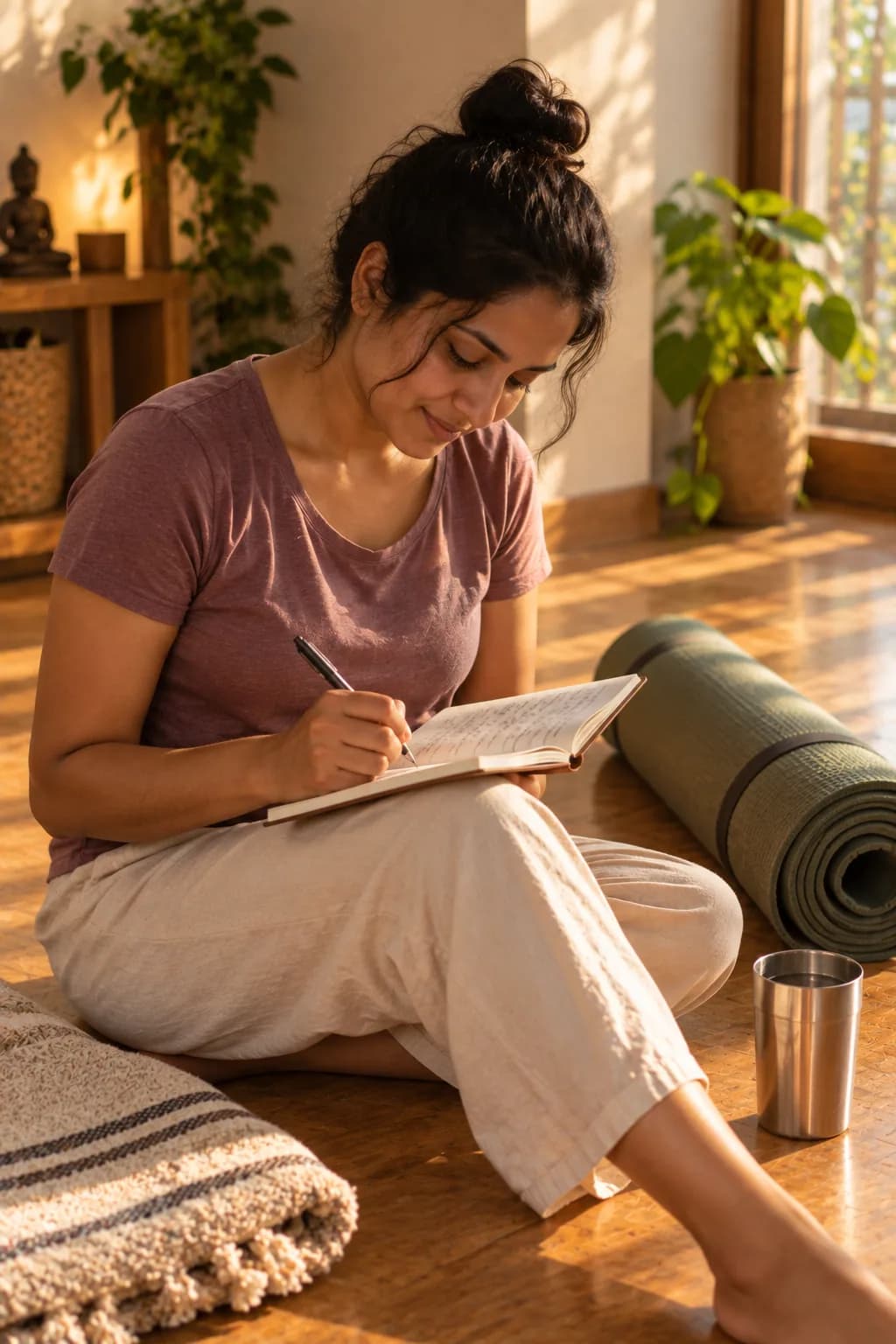Student writing in a practice journal after class