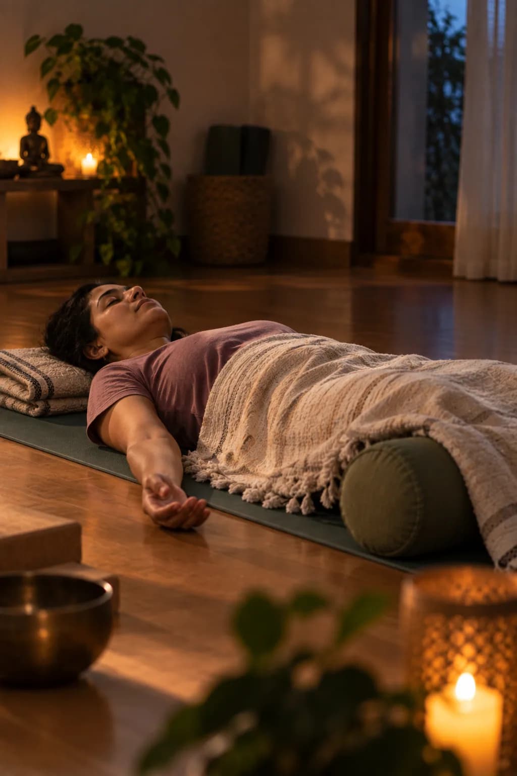 Yoga nidra — student lying supported under a blanket