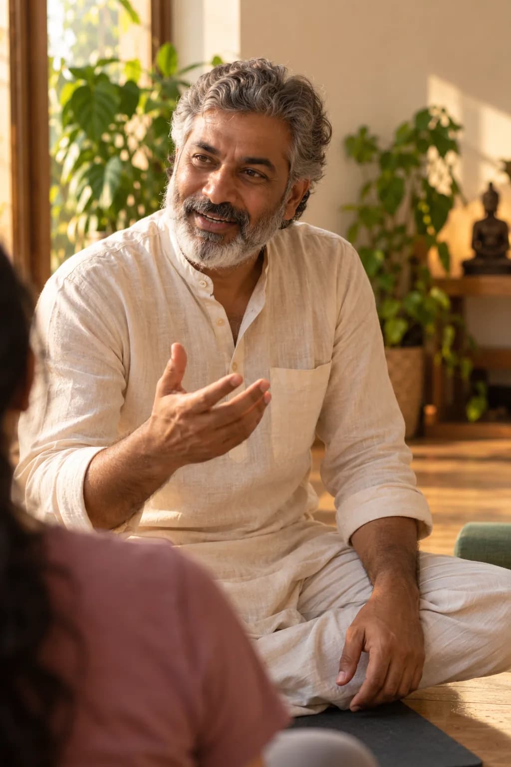 Shailendra Ji, portrait — mid-conversation rather than posed, warm window light, in the studio